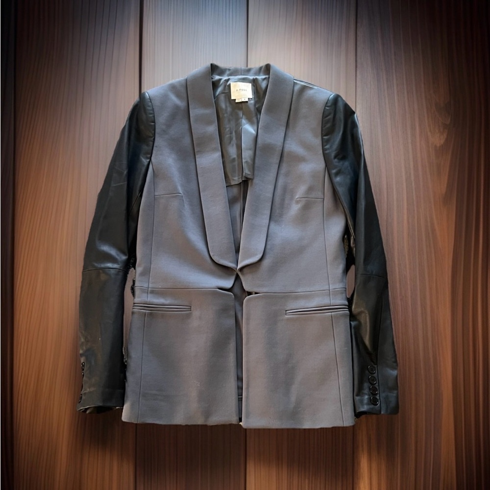 Tailored Grey Blazer with Black Leather Sleeves